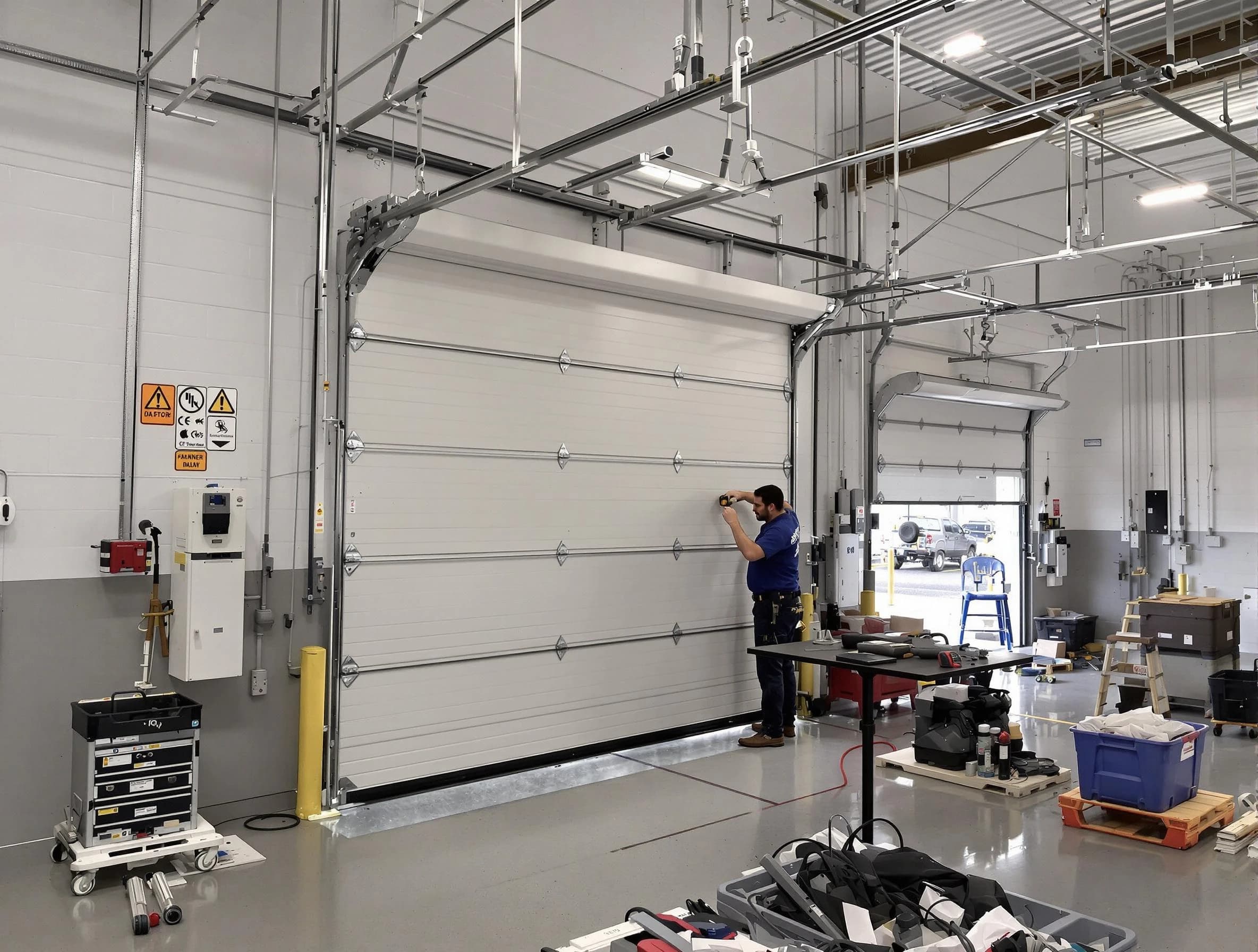 Commercial garage door repair being performed by Four Square Mile Garage Door Repair expert in Four Square Mile
