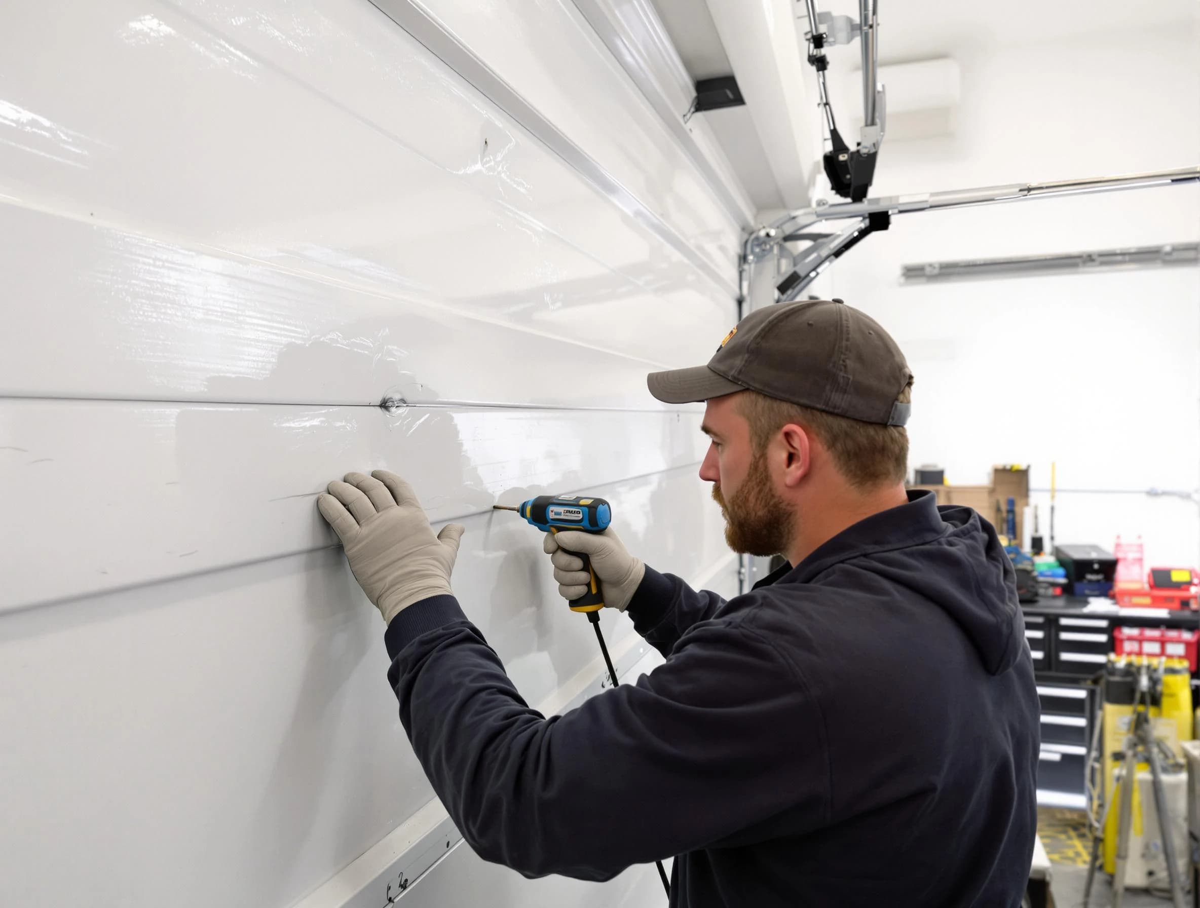 Four Square Mile Garage Door Repair technician demonstrating precision dent removal techniques on a Four Square Mile garage door