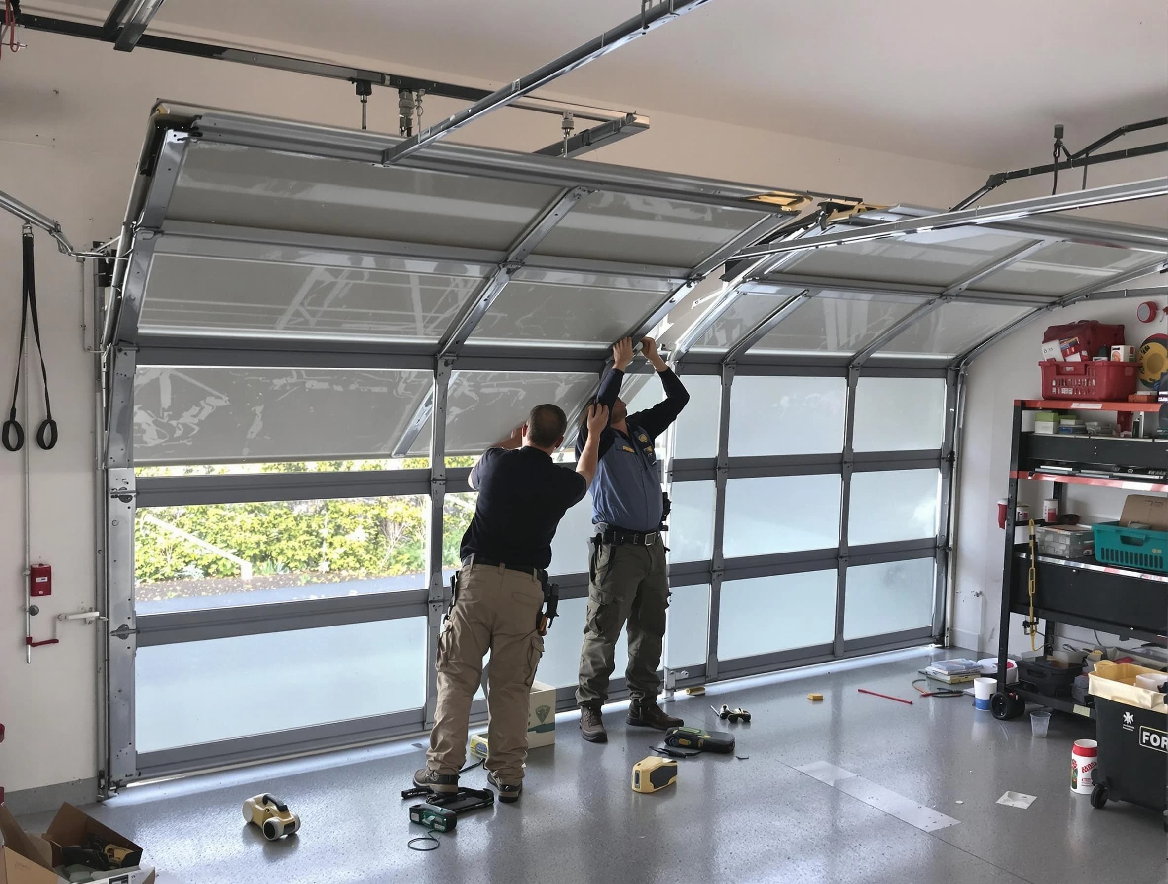 Four Square Mile Garage Door Repair expert performing precise panel replacement on Four Square Mile garage door
