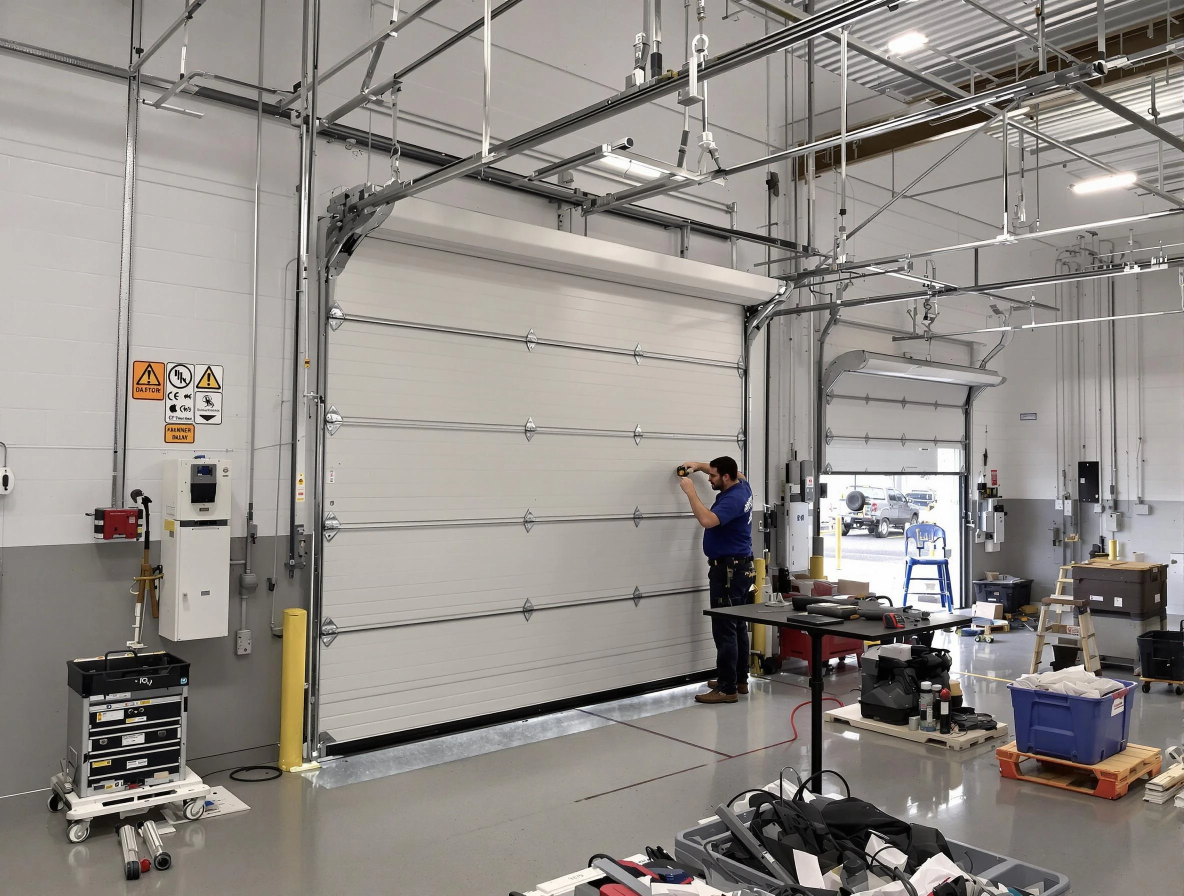 Commercial garage door repair being performed by Four Square Mile Garage Door Repair expert in Four Square Mile