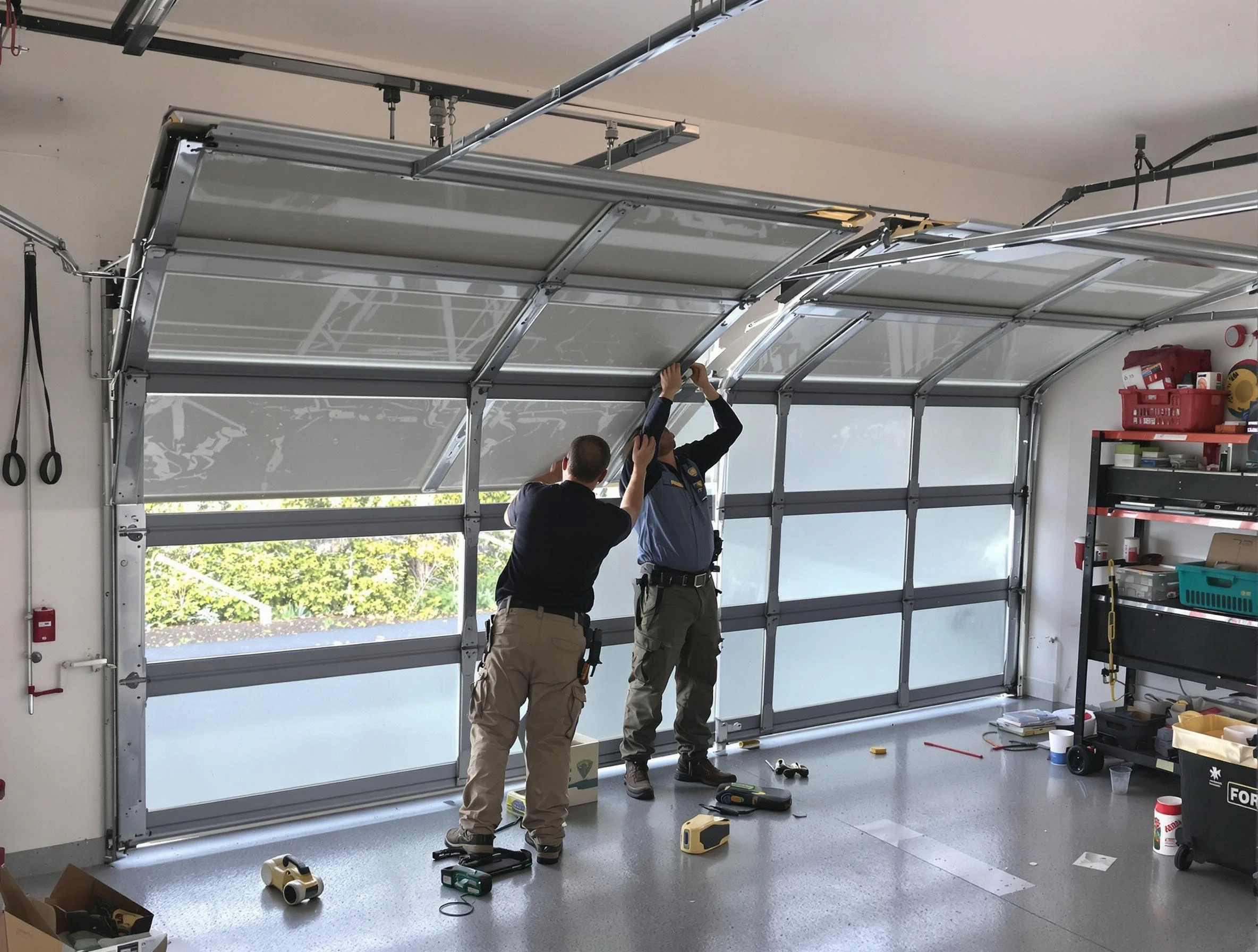 Four Square Mile Garage Door Repair expert performing precise panel replacement on Four Square Mile garage door